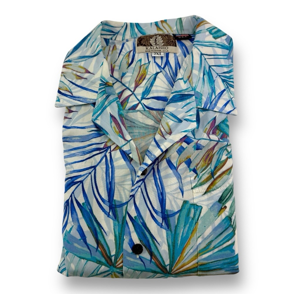 Kalaheo Men's Rayon Button-Up Shirt White‎ Blue Green Palm Size 2XL Made in USA